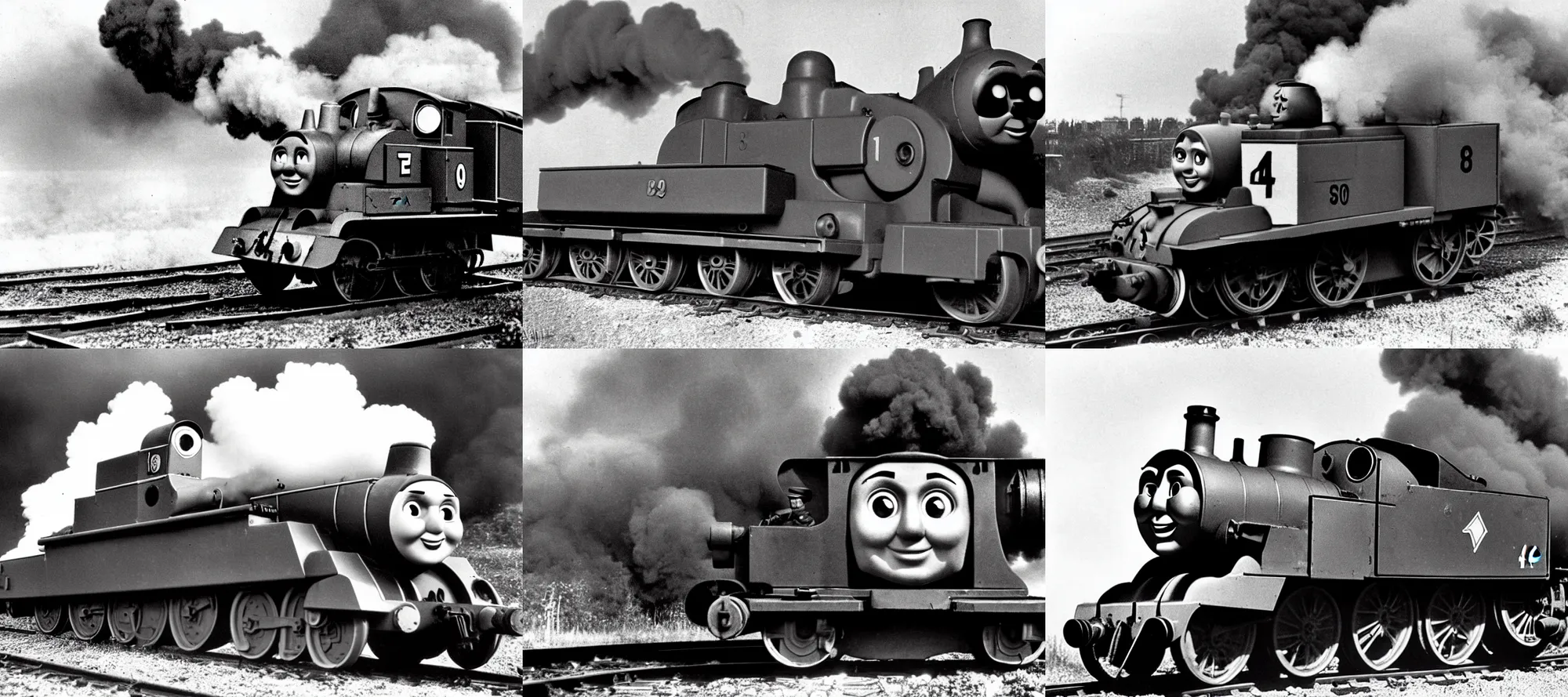 Prompt: WW2 era photograph, the face of Thomas the tank engine on a 800mm German rail artillery loading a round