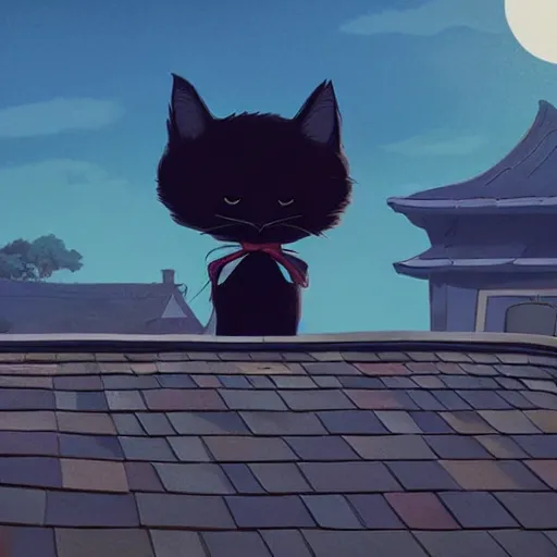 Prompt: a wholesome animation key shot of a black cat seated on top of a roof with tiles, medium shot, studio ghibli, pixar and disney animation, sharp, rendered in unreal engine 5, anime key art by greg rutkowski, bloom, dramatic lighting, golden hour