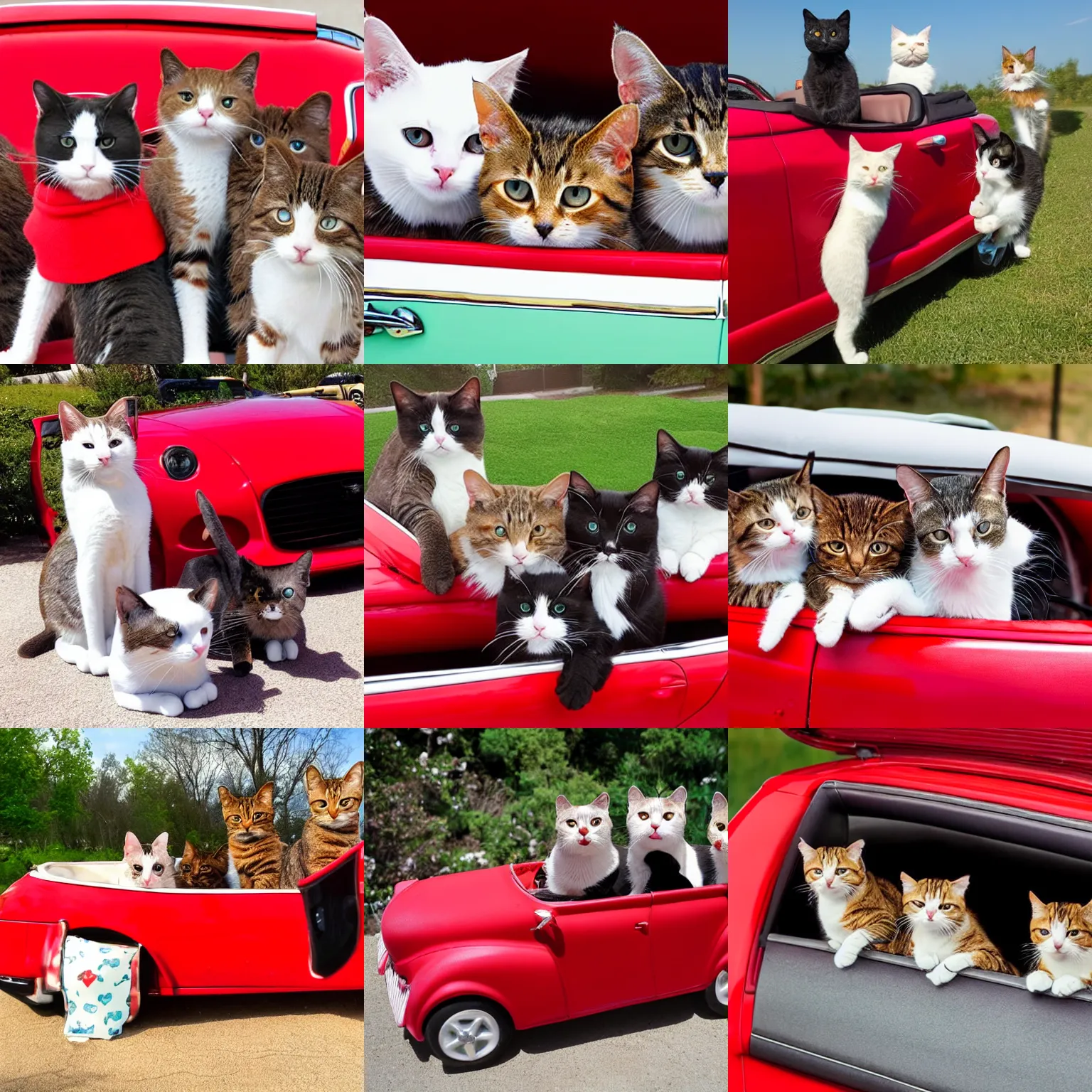 Prompt: four cats in a convertible red car