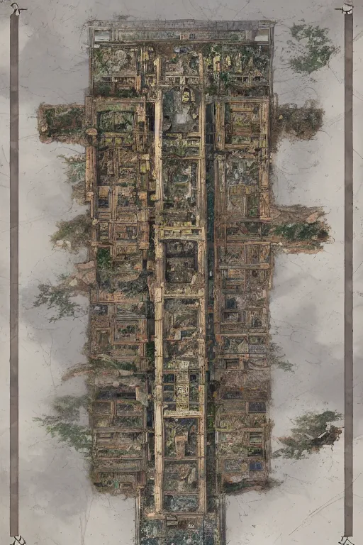 Image similar to full - color fantasy floor plan map of a ruined temple, by greg rutkowski and james gurney, trending on artstation