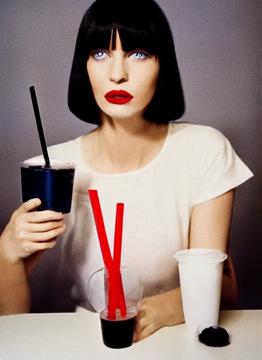 Prompt: a photograph of a woman with large blue eyes, thin nose, red lipstick and black bob with fringe, wearing a white shirt, seated at a table, drinking a milkshake with a straw by Herb Ritts