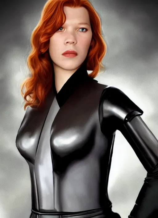 Image similar to lea seydoux portraying a beautiful mara jade from star wars legends, in a black suit, without lightsaber, movie, hyper realistic, hollywood promotional image, imax, 8 k