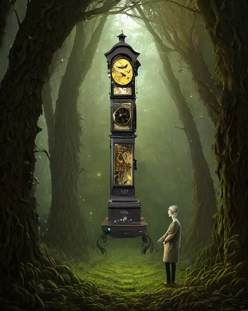 Image similar to highly detailed surreal vfx portrait of a cursed grandfather clock in a shadowy forest by a willow tree, stephen bliss, unreal engine, greg rutkowski, loish, rhads, beeple, makoto shinkai and lois van baarle, ilya kuvshinov, rossdraws, tom bagshaw, alphonse mucha, global illumination, detailed and intricate environment