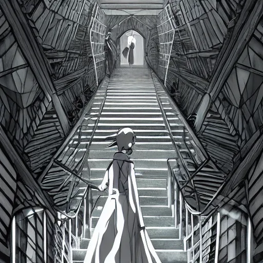 Image similar to a creepy woman walking through a bright white staircase with many doors and hallways, mc escher architecture, very detailed background, epic composition, anime key visual, anime style, by makoto shinkai