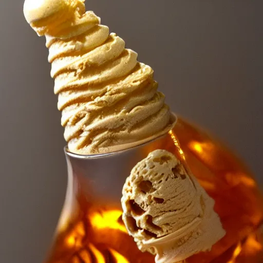 Image similar to an ice cream cone made out of high clarity amber ice, elegant and ornate,