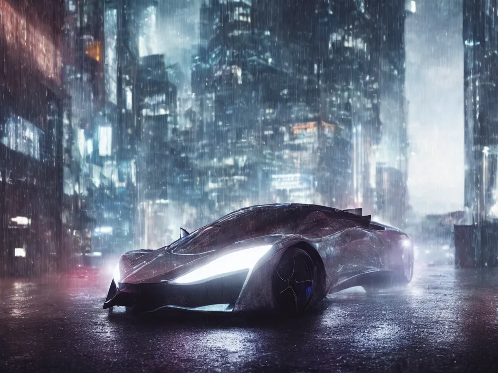 Prompt: film still of a Futuristic supercar on wet city streets, mist, volumetric lighting, octane, cyberpunk