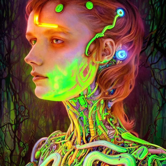 Prompt: bright psychedelic portrait of organic cyborg covered in mud in an ancient forest, diffuse lighting, fantasy, intricate, elegant, highly detailed, lifelike, photorealistic, digital painting, artstation, illustration, concept art, smooth, sharp focus, art by John Collier and Albert Aublet and Krenz Cushart and Artem Demura and Alphonse Mucha