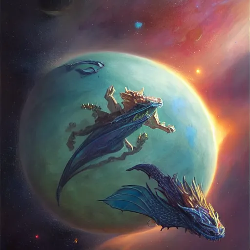 Image similar to Blue scaled dragon devouring an earth like planet while flying in space, sun system, nebula, oil painting, by Fernanda Suarez and Edgar Maxence and Greg Rutkowski