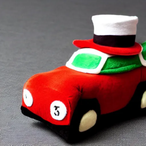 Prompt: a plushie of a car in a top hat