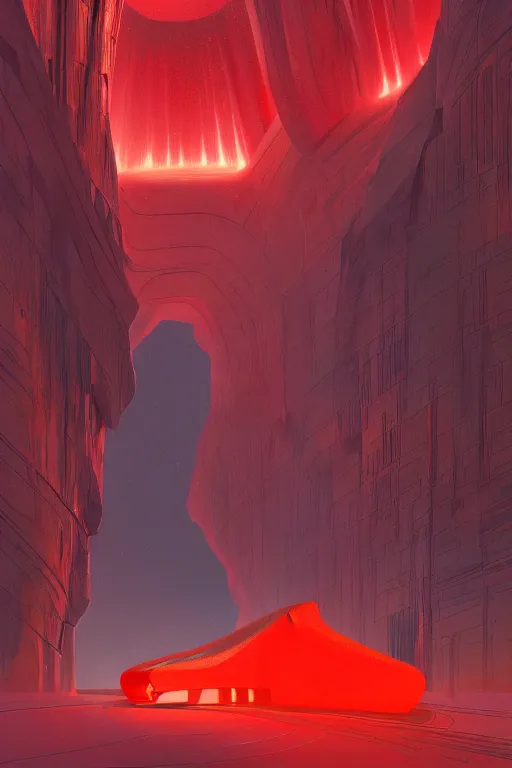 Image similar to red glowing temple designed by zaha hadid in a canyon, shooting stars, dramatic lighting, artstation, matte painting, ralph mcquarrie, simon stalenhag