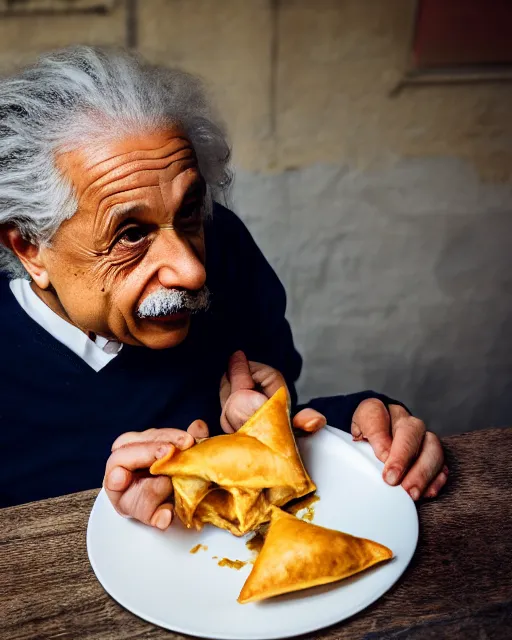 Image similar to A photo of Albert Einstein eating Samosa, highly detailed, trending on artstation, bokeh, 90mm, f/1.4