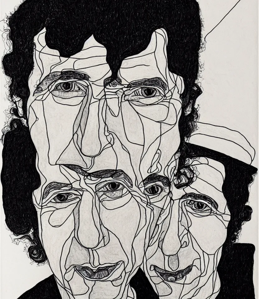 Image similar to detailed line art portrait of leonard cohen, inspired by egon schiele. caricatural, minimalist, bold contour lines, musicality, soft twirls curls and curves, confident personality, raw emotion