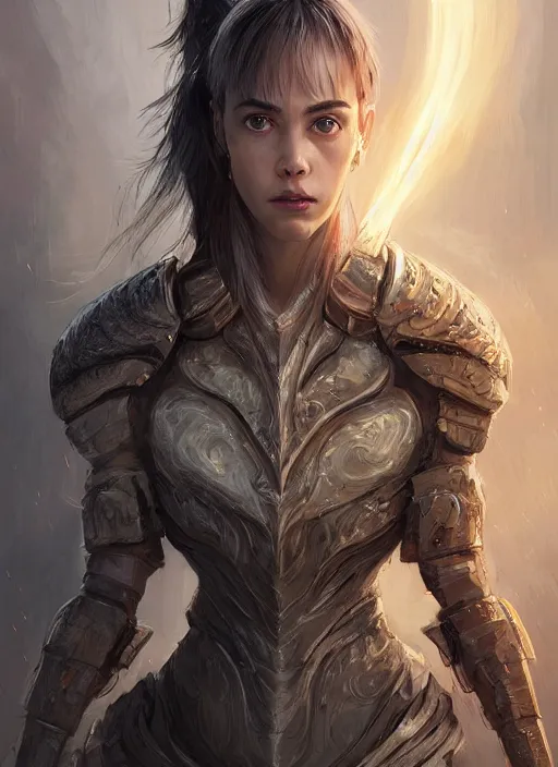 Image similar to a professional portrait of a beautiful young female, clothed in ethereal battle armor, olive skin, long dark hair, beautiful bone structure, symmetrical facial features, intricate, elegant, digital painting, concept art, smooth, sharp focus, finely detailed, illustration, from Valerian and the City of a Thousand Planets, in the style of Ruan Jia and Mandy Jurgens and Artgerm and Greg Rutkowski and William-Adolphe Bouguerea