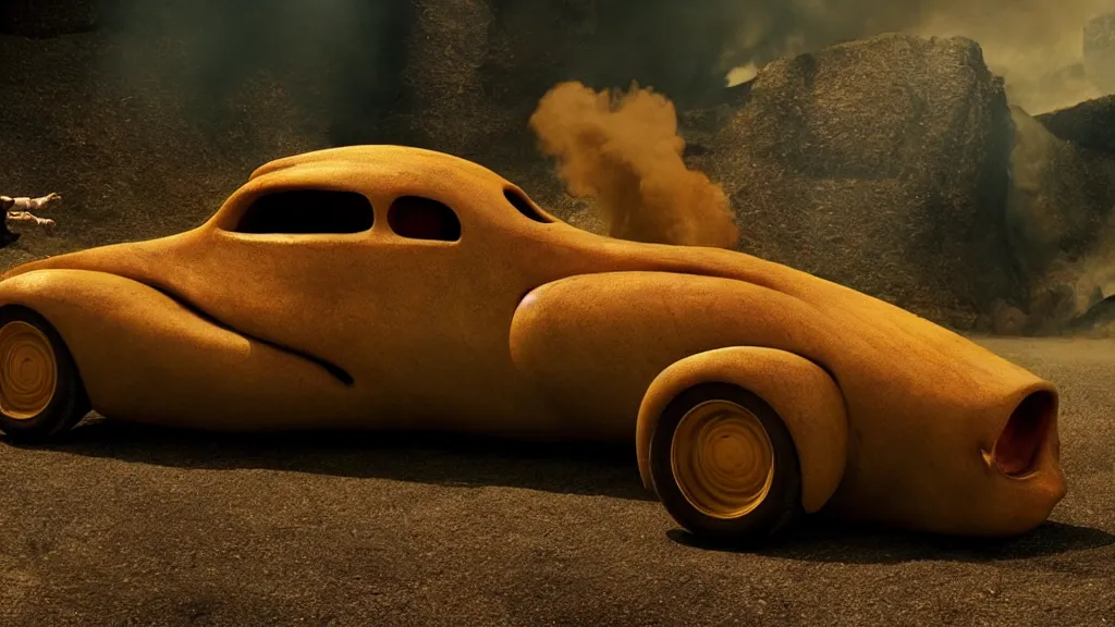 Image similar to the creature drives a hot rod, made of wax and water, film still from the movie directed by Denis Villeneuve with art direction by Salvador Dalí, wide lens