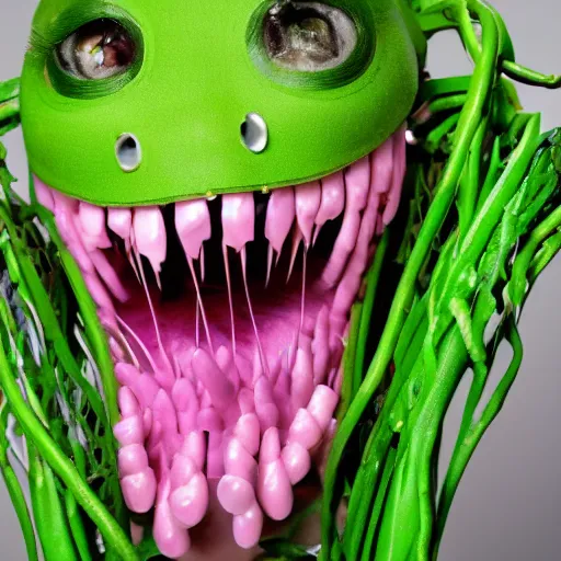 Image similar to studio photograph of a thin green vine creature with vine limbs and a pink blooming flower mouth with many sharp teeth