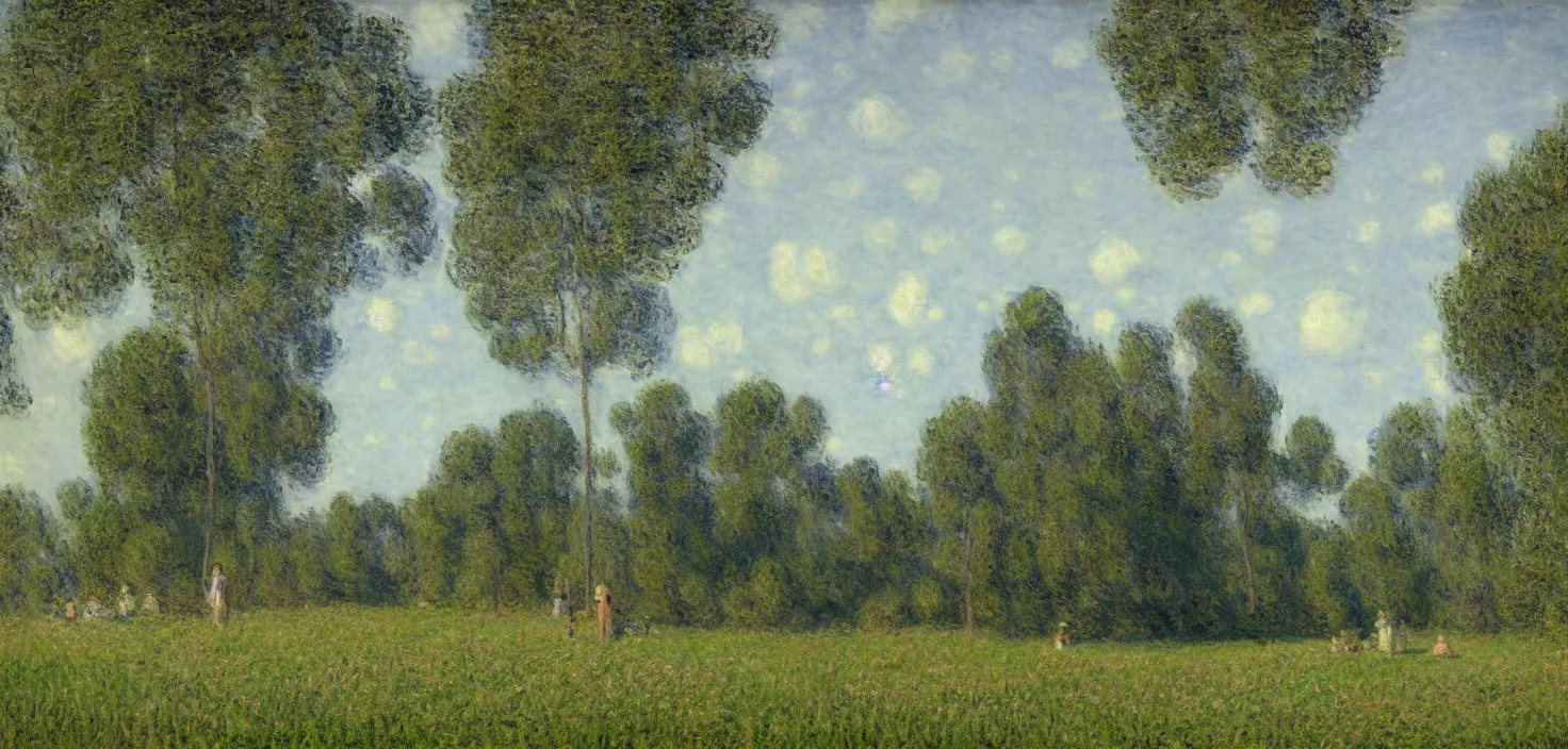 Prompt: landscape, by claude monet, by john kenn mortensen, octane render, illustration, storybook illustration, bokeh, cinematic, glamor shot, cone, cinematic lighting, ray tracing reflections, woodland, cinematic