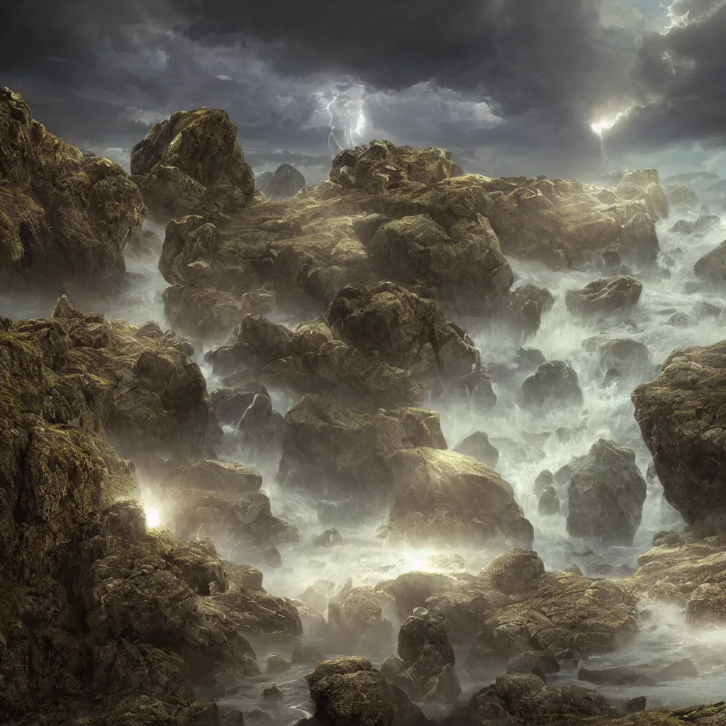 Image similar to Photorealistic epic landscape with magically floating rocks, with ominous storm clouds, glowing stones falling from the sky, a gentle rising mist. occult photorealism by Alphonse Maria Mucha, UHD, amazing depth, glowing, golden ratio, 3D octane cycle unreal engine 5, volumetric lighting, cinematic lighting. Hyperdetailed photorealism, epic scale, misty, 108 megapixels, amazing depth, glowing rich colors, powerful imagery, psychedelic Overtones, concept art