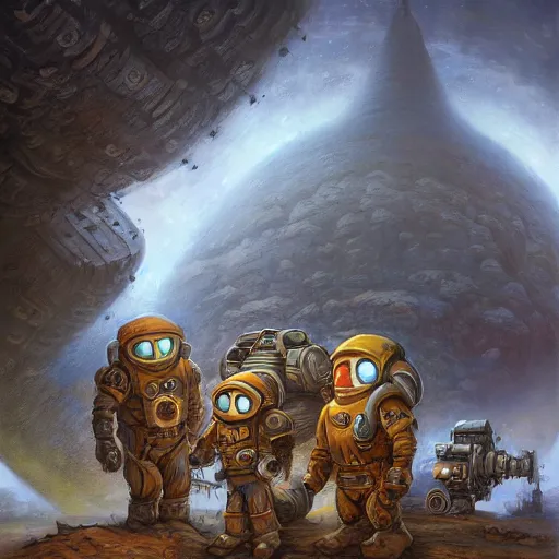 Prompt: mining crew in front of their spaceship by justin gerard, deviantart