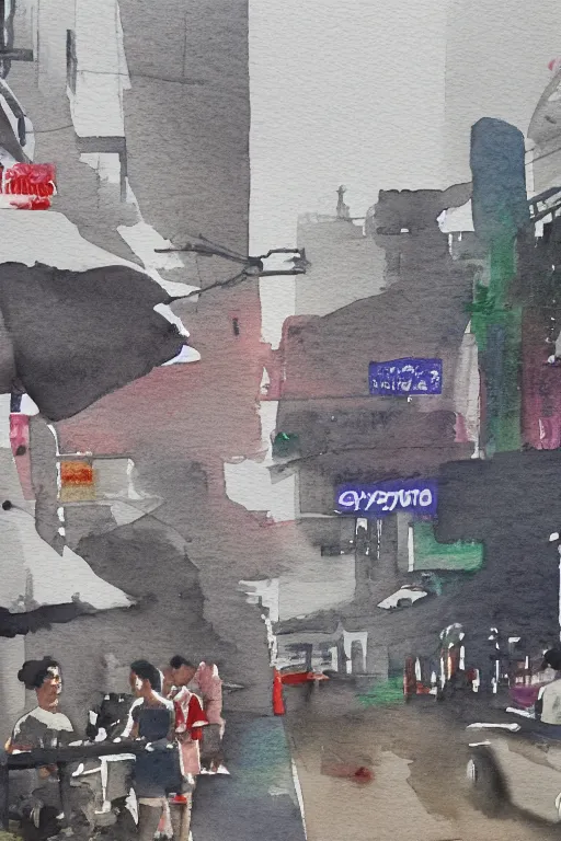 Image similar to a watercolor depicting a singapore geylang, gloomy weather, high contrast, smooth, by joseph zbikowicz, 8 k