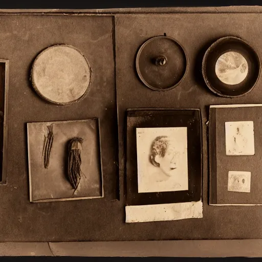 Image similar to Tintype photograph of primitive objects and a ready-made displayed in an ethnographic museum, archive material, anthropology, 1920s studio lighting.