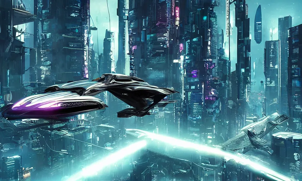 Prompt: cyberpunk, futurisric, flying, city, flying car, spaceship,