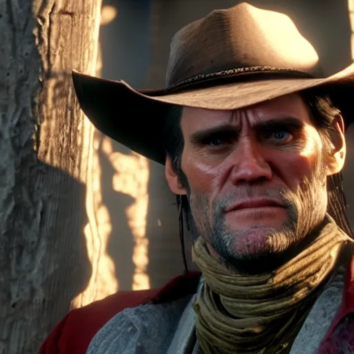 Image similar to film still of jim carrey in red dead redemption 2 ( 2 0 1 8 video game )