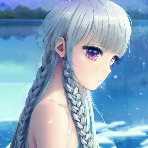 Prompt: a very beautiful anime girl, full body, long braided curly silver hair, sky blue eyes, full round face, short smile, elangated body, casual clothes, ice snowy lake setting, cinematic lightning, medium shot, mid-shot, highly detailed, trending on Artstation, Unreal Engine 4k, cinematic wallpaper by Stanley Artgerm Lau, WLOP, Rossdraws, James Jean, Andrei Riabovitchev, Marc Simonetti, and Sakimichan