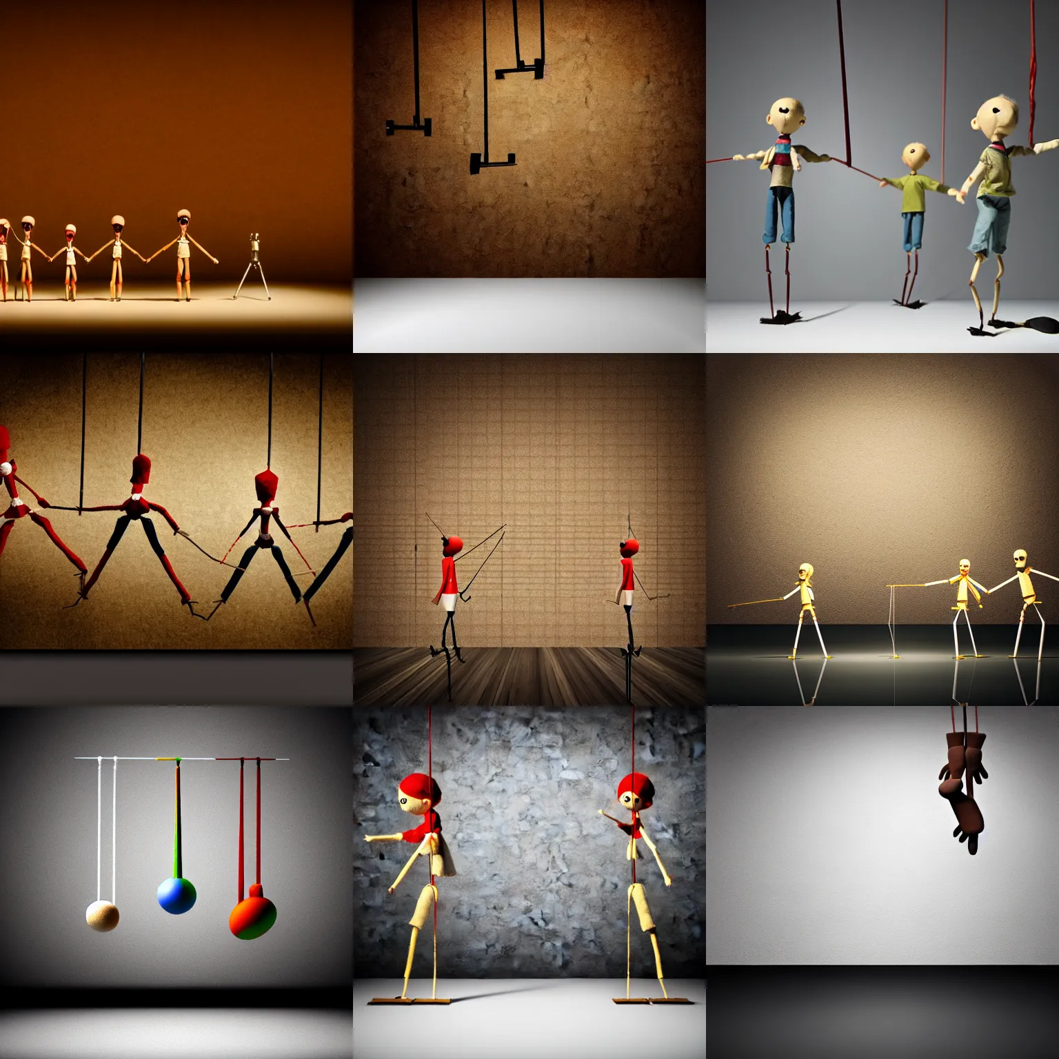 Prompt: marionettes, rule of thirds, dynamic composition, studio lighting, random wall or scenery background