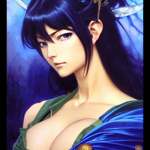 Image similar to highly detailed vfx portrait of nico robin by eiichiro oda!, makoto shinkai, alphonse mucha, msterpriece, art by artgerm and greg rutkowski!, blue eyes!!, large aquiline nose!!, gaston bussiere, stanley kubrick, kaoru mori, intricately detailed, behance, 4 k, hdr