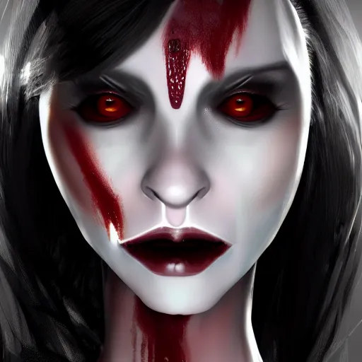 Image similar to a female vampire that looks like a futuristic nosfaratu, milky white skin, blood around the lips, delectable, edible, crusty around the eyes, found on artstation, eyes look dead, highly detailed, 8k,