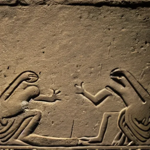 Image similar to ancient hieroglyphic relief of frogs surrounding an Egyptian statue, 40mm lens, shallow depth of field, split lighting