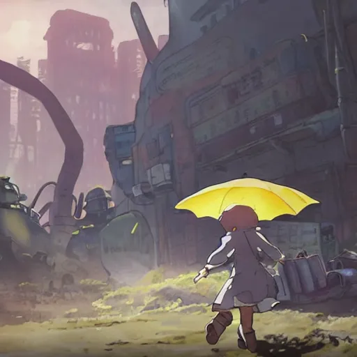 Image similar to incredible wide screenshot, ultrawide, simple watercolor, rough paper texture, made in abyss movie scene, backlit distant shot of girl in a parka running from a giant robot invasion side view, yellow parasol in deserted dusty shinjuku junk town, broken vending machines, bold graphic graffiti, old pawn shop, bright sun bleached ground, mud, fog, dust, windy, scary robot monster lurks in the background, ghost mask, teeth, animatronic, black smoke, pale beige sky, junk tv, texture, dusty, dry, pencil marks, genius party,shinjuku, koji morimoto, katsuya terada, masamune shirow, tatsuyuki tanaka hd, 4k, remaster, dynamic camera angle, deep 3 point perspective, fish eye, dynamic scene