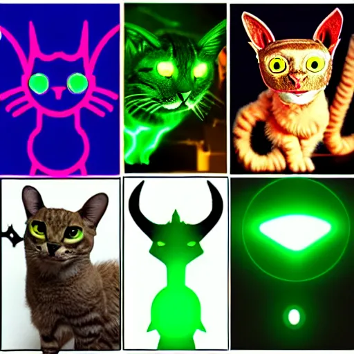 Prompt: Horned cat circuitboard alien, green laser light energy, uncanny devil creature, intelligent and cunning