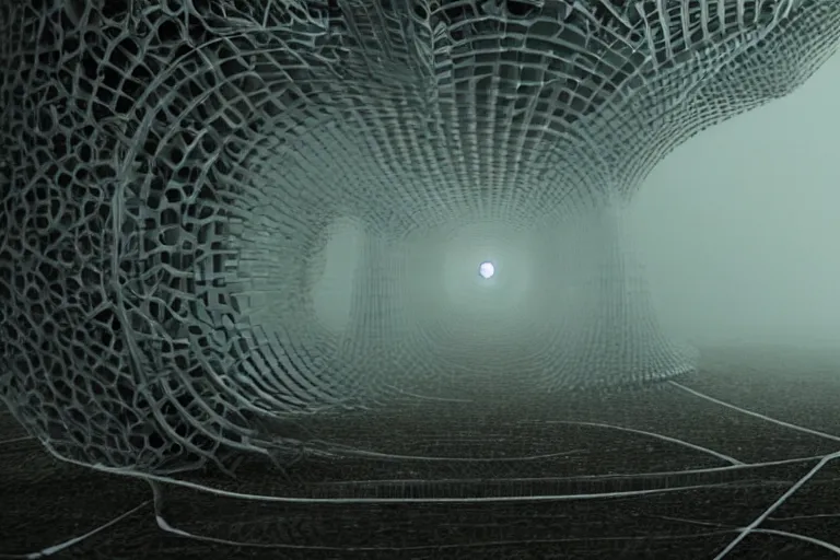 Prompt: a complex organic fractal 3 d ceramic humanoid quantum megastructure, cinematic shot, foggy, photo still from movie by denis villeneuve