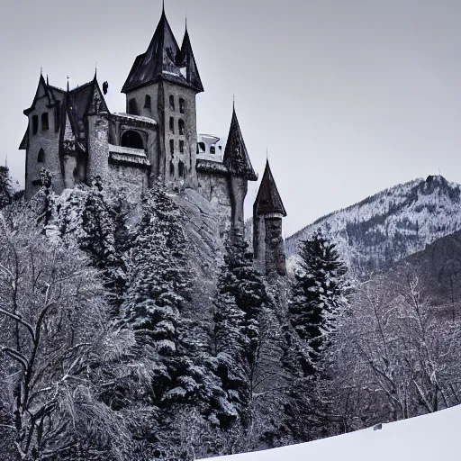 Image similar to vampire's castle in the mountains, snowy