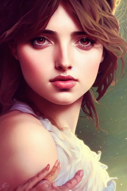 Prompt: a portrait of ana de armas, fantasy, sharp focus, intricate, elegant, digital painting, artstation, matte, highly detailed, concept art, illustration, ambient lighting, art by ilya kuvshinov, artgerm, alphonse mucha, and greg rutkowski