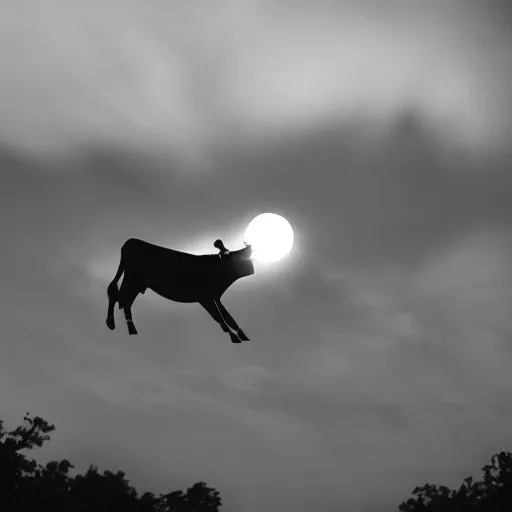 Image similar to a cow flying at night, flashlight, creepy, cinematic dramatic atmosphere, smooth, sharp focus, cinematic shot, movie scene, horror movie