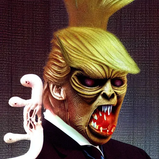 Image similar to alien donald trump, sharp teeth, by h. r. giger, nightmare fuel, nightmarish, intricate, highly detailed, optical illusion, president donald trump