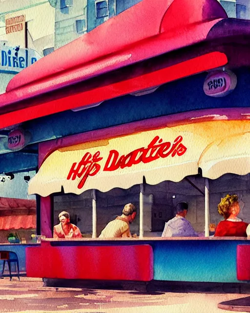 Image similar to closeup watercolor profile portrait of a 1 9 5 0 s diner, hyper realistic, artstation, illustration, digital paint, matte paint, vivid colors, bright, cheerful, detailed and intricate environment