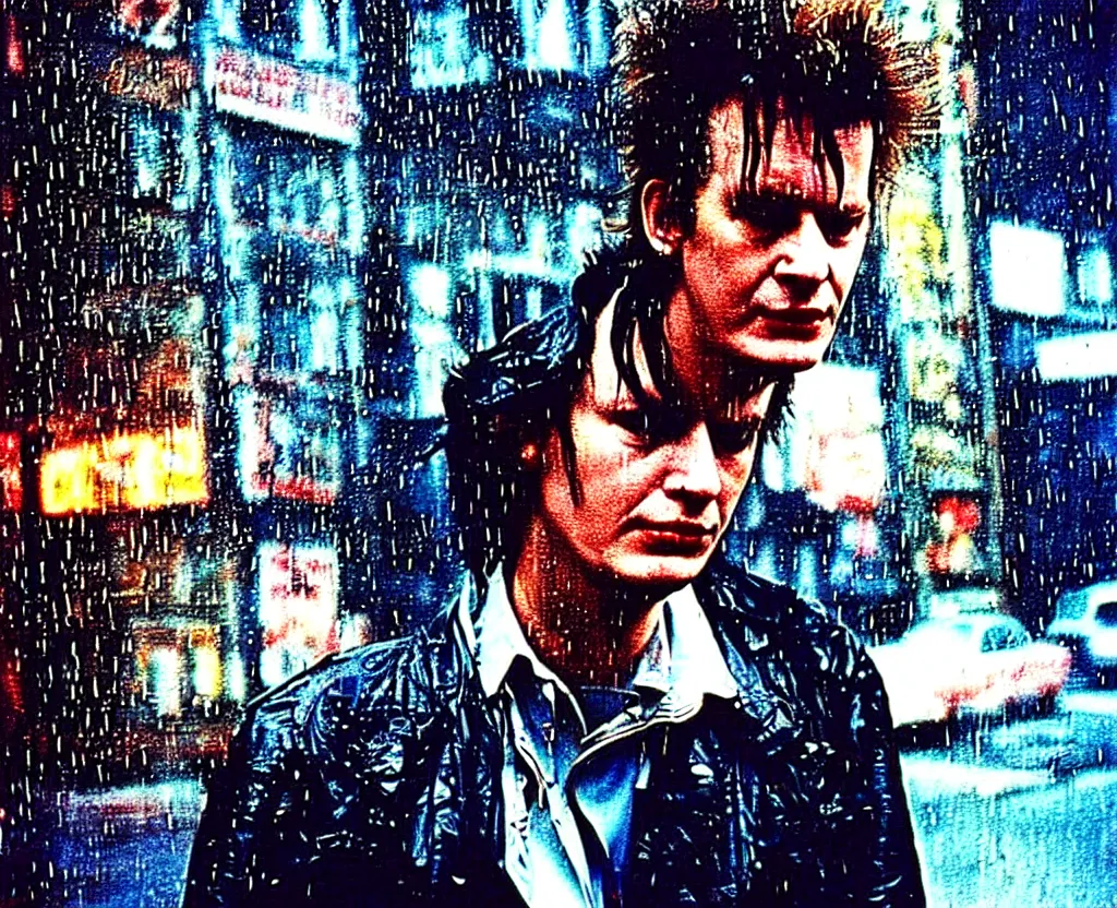 Image similar to closeup of young Garry Oldman as Sid Vicious on the lower east side by Alex Cox, Polaroid, raining!!!, nightime, colorful, 1970s, photorealistic, atmospheric,