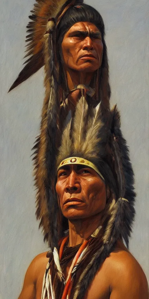 Image similar to a stunning and noble highly detailed portrait of a native american warrior by edward hopper, trending on artstation, oil painting masterpiece, symmetry, mysterious, very very very aesthetic