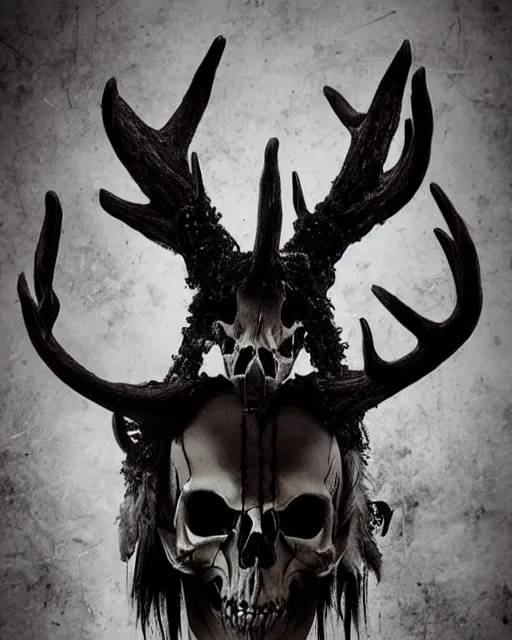 Image similar to deer - skull sisters ghost - spirit of the grim - warpaint wears the scarlet skull armor and native blood headdress antlers, midnight fog - mist!, cinematic lighting, various refining methods, micro macro autofocus, ultra definition, award winning photo, photograph by ghostwave - gammell - giger - shadowlord