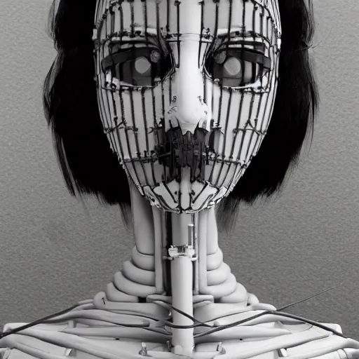 Image similar to black and white dreamy foggy smoky profile face portrait, single skeletal biomechanical beautiful young female cyclops - cyborg - robot bust, body ribs meshes,, volumetric light, rim light, by dora maar and cecile beaton, big gothic fashion pearl embroidered collar, 8 k