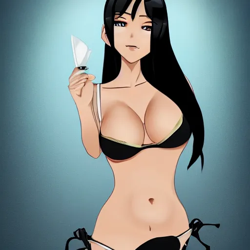 Image similar to black-haired beauty in 2D style , in a bikini , knee-length hair