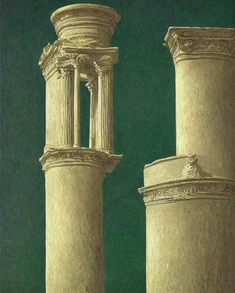 Prompt: roman achingly beautiful painting of intricate ancient roman corinthian capital on jade background by rene magritte, monet, and turner. giovanni battista piranesi.