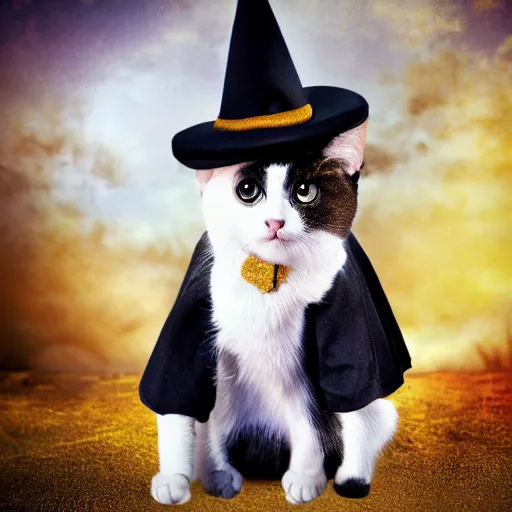 Prompt: a cat dressed as a wizard. Photography.