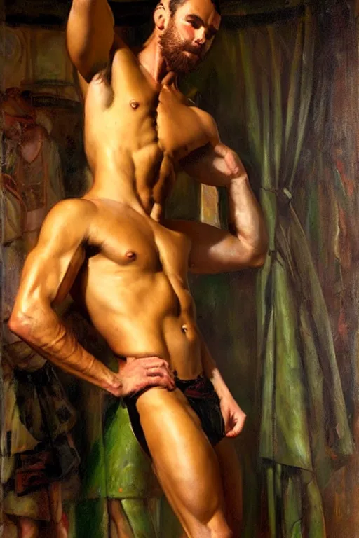 Prompt: muscular male painter, greenhouse studio painting by gaston bussiere, craig mullins, j. c. leyendecker, tom of finland