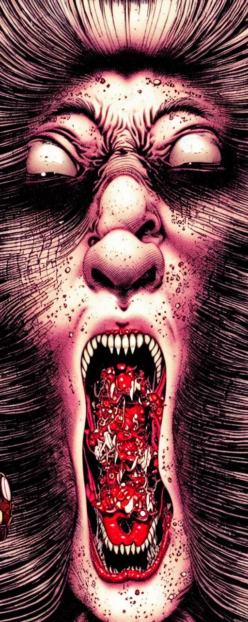 Prompt: closeup of face melting in agony with tongue, by yoichi hatakenaka, masamune shirow, josan gonzales and dan mumford, ayami kojima, takato yamamoto