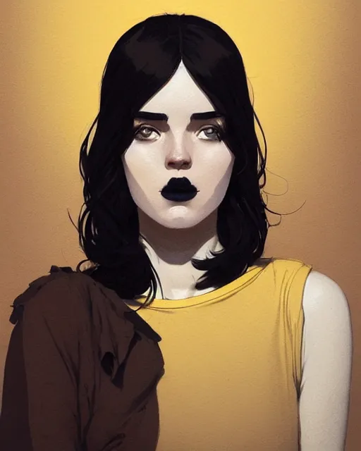 Prompt: cottagecore hyper - realistic portrait of a woman in black sleeveless t - shirt, black hair, persian daisy, by atey ghailan, by greg rutkowski, by greg tocchini, by james gilleard, by joe fenton, by kaethe butcher, dynamic lighting, gradient light yellow, brown, blonde cream and white color scheme, grunge aesthetic