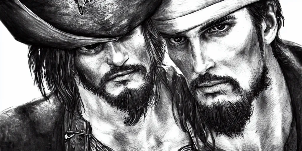 Image similar to realistic portrait of a handsome pirate with black hair, 1450, ink, ultra realistic, 8k